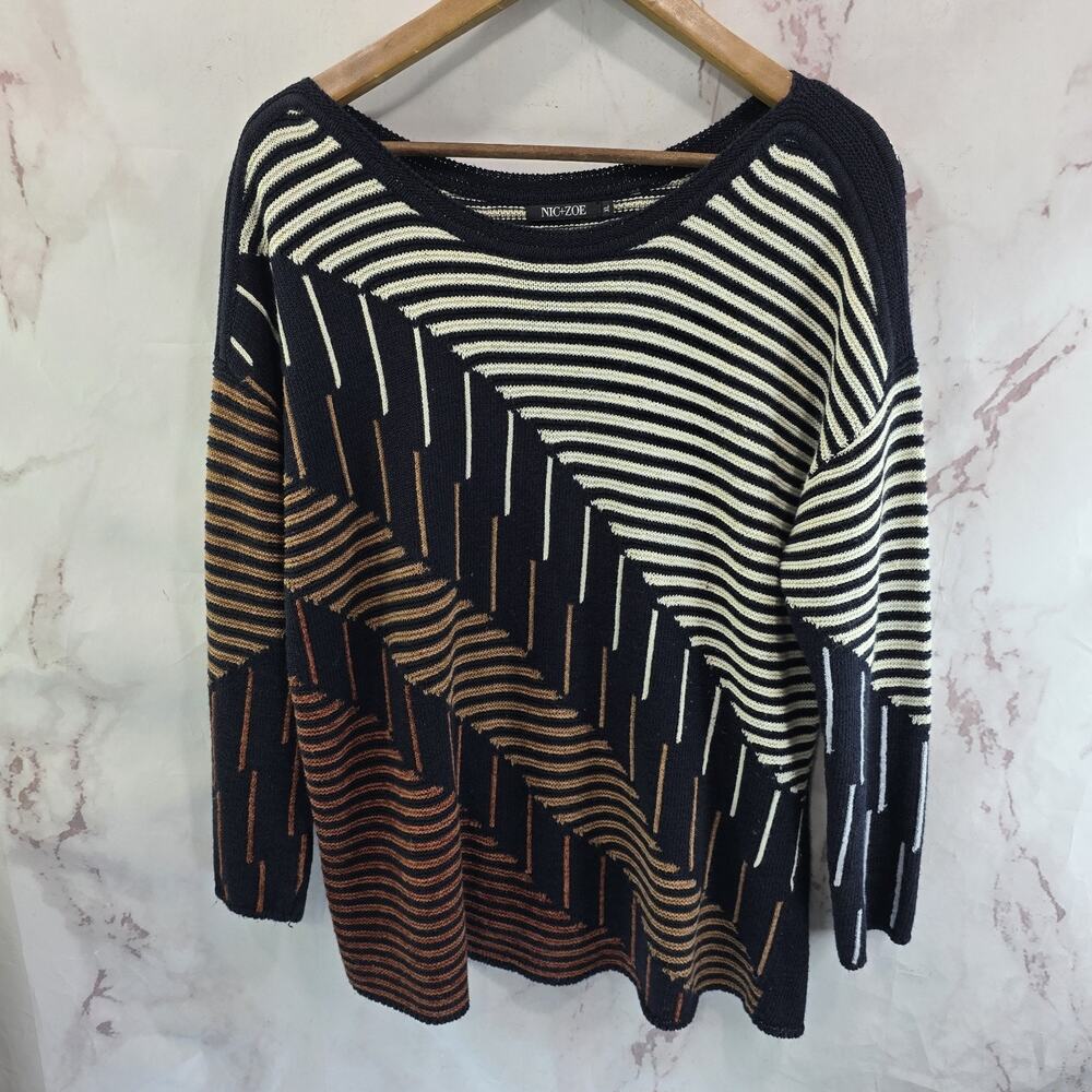 Nic + Zoe Sweater Womens XL Black Brown Striped Drop Shoulder Dolman